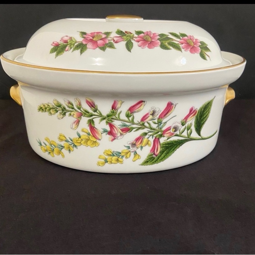 Spode White Covered Casserole with Pink and Yellow Floral Pattern
